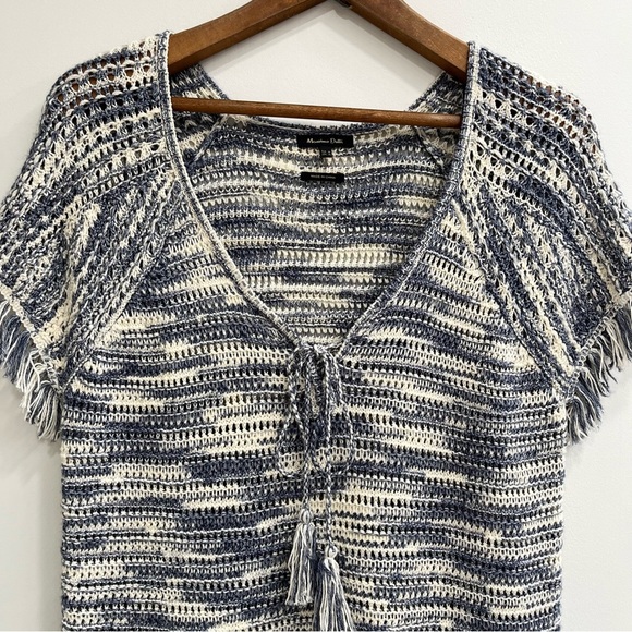 Massimo Dutti crochet open knit top tassel fringe trim blue cream boho medium - Picture 12 of 16